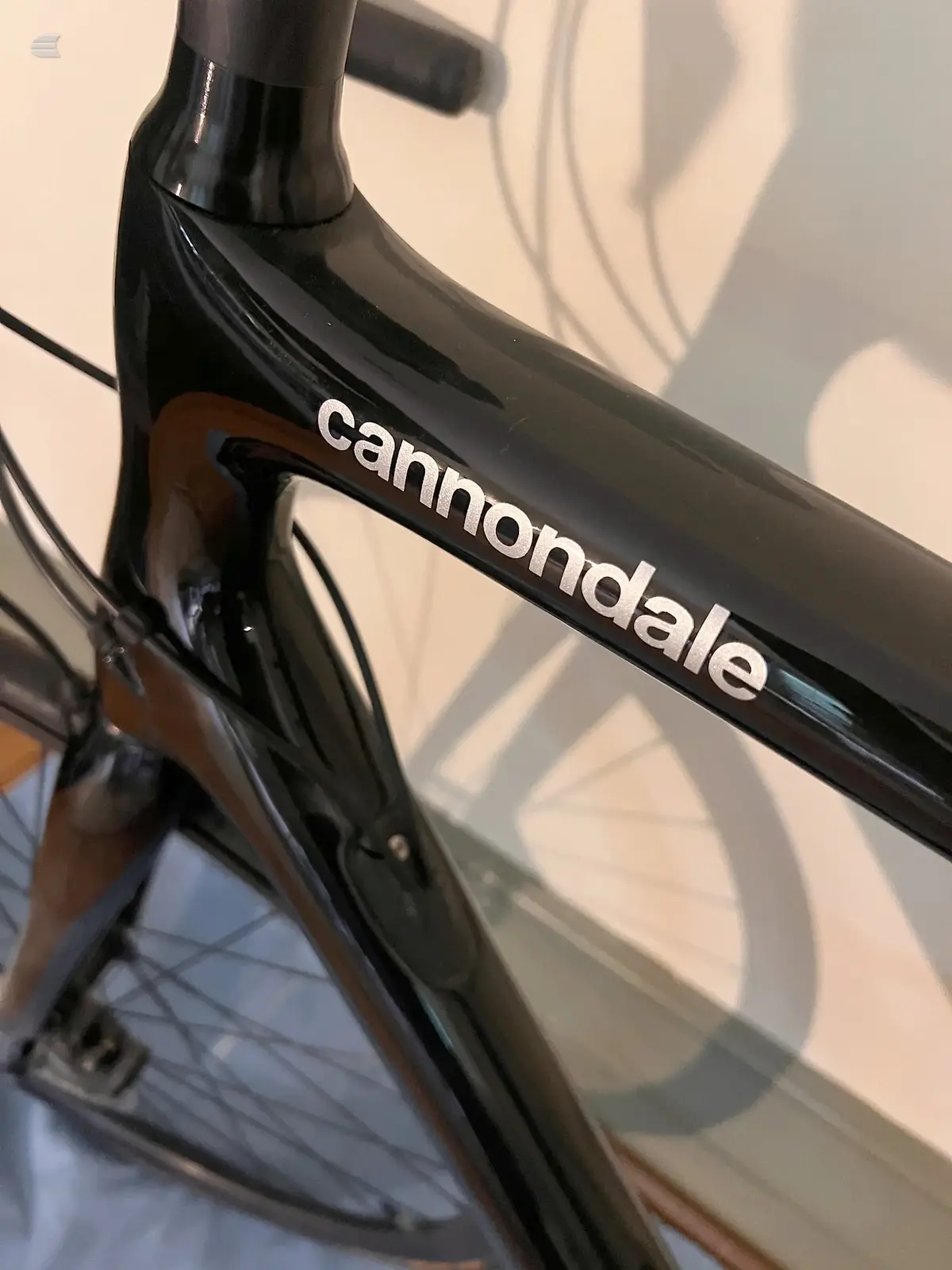 Close-up of black Cannondale bicycle frame, non-drive side, against a cream wall with shadow detail visible.