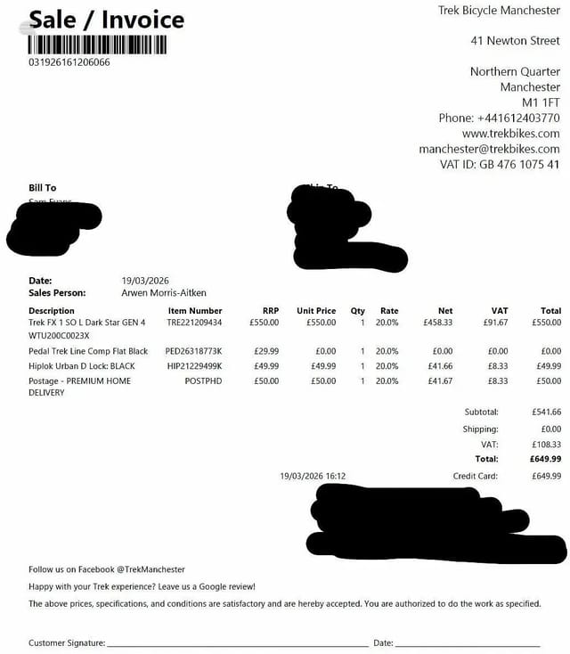 Trek Bicycle Manchester sales invoice dated 19/03/2026, showing itemised receipt with bike products, pricing, VAT and payment details.