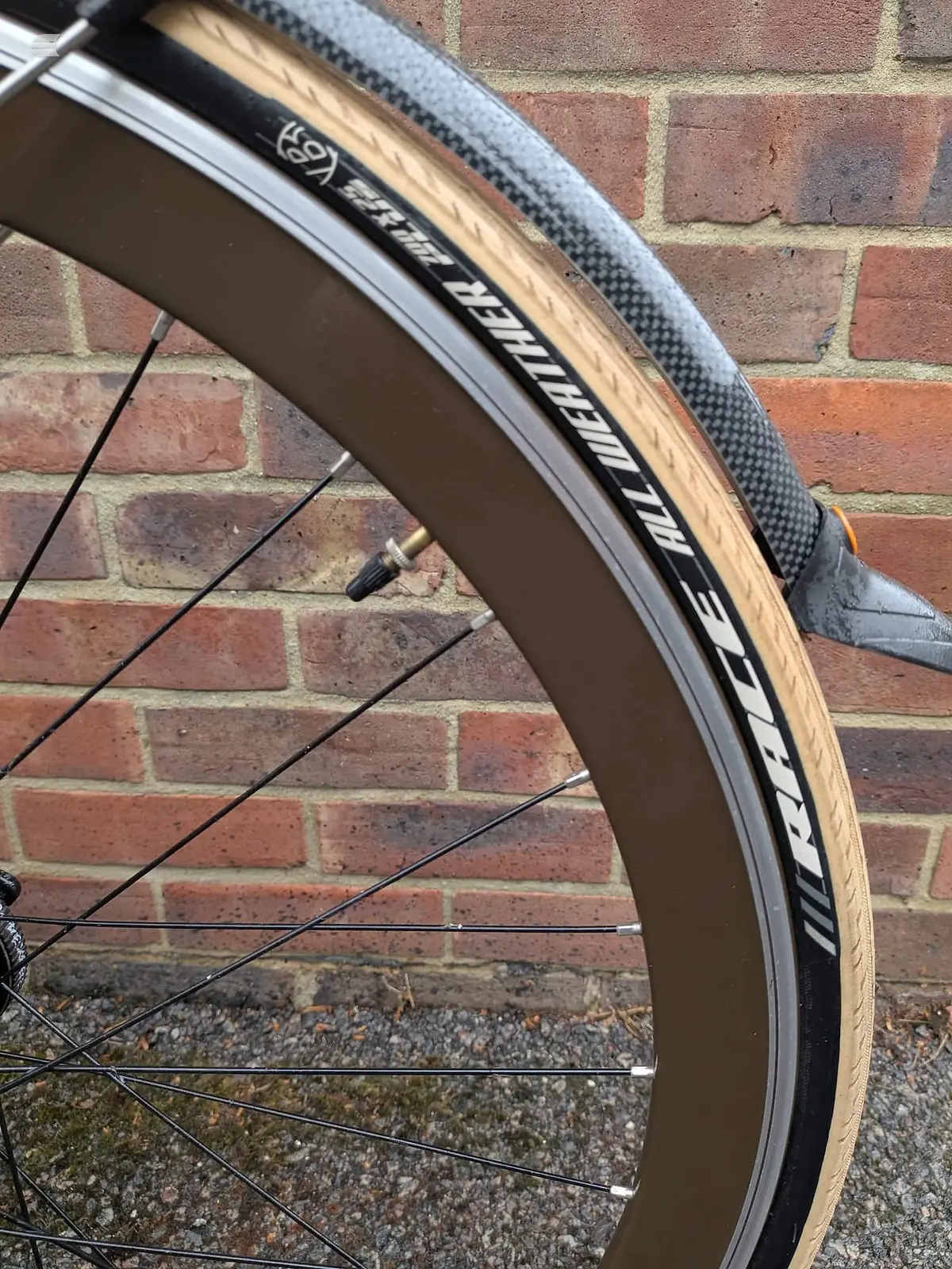 Close-up of front wheel with tan-wall tyre on carbon-rim road bike, non-drive side, against brick wall background.