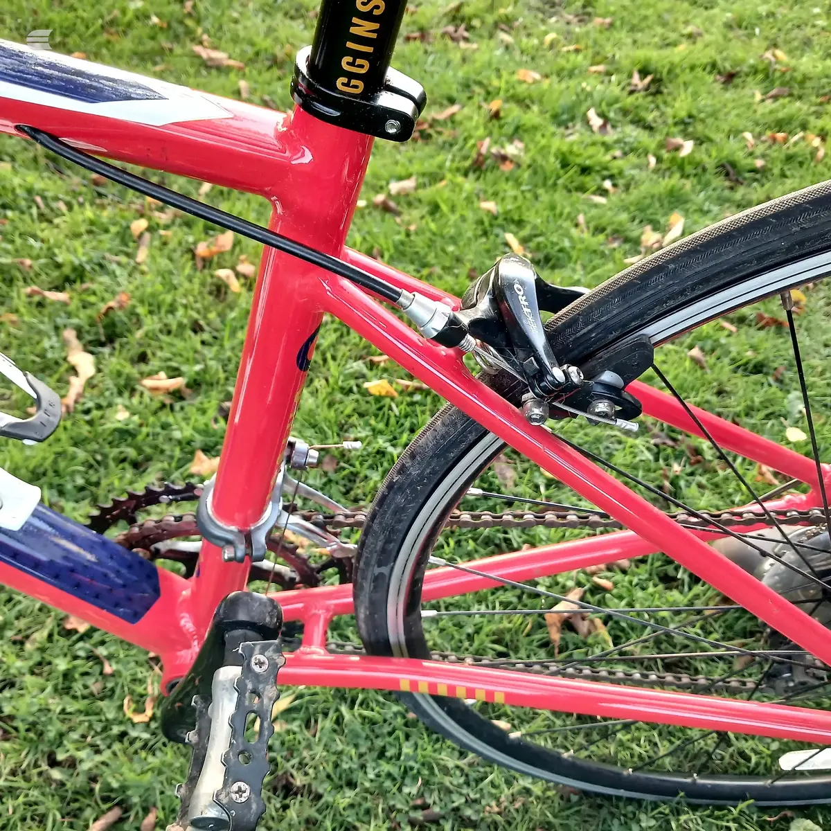 Red and navy road bike on grass, drive side view, showing frame, wheels, and drivetrain components.