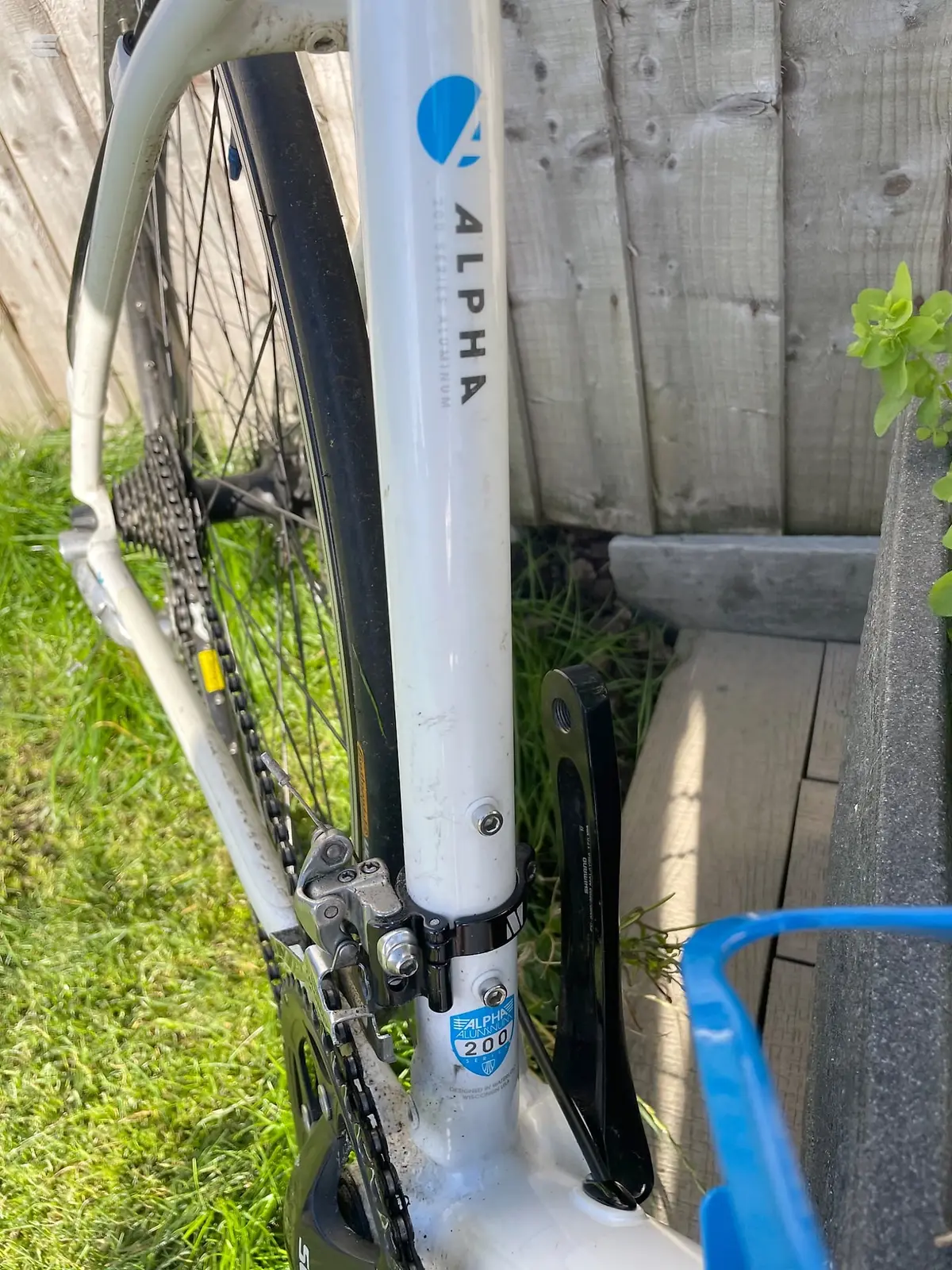 White Alpha bicycle frame and fork with blue logo, close-up of front brake caliper and wheel hub, non-drive side, against wooden fence and grass.