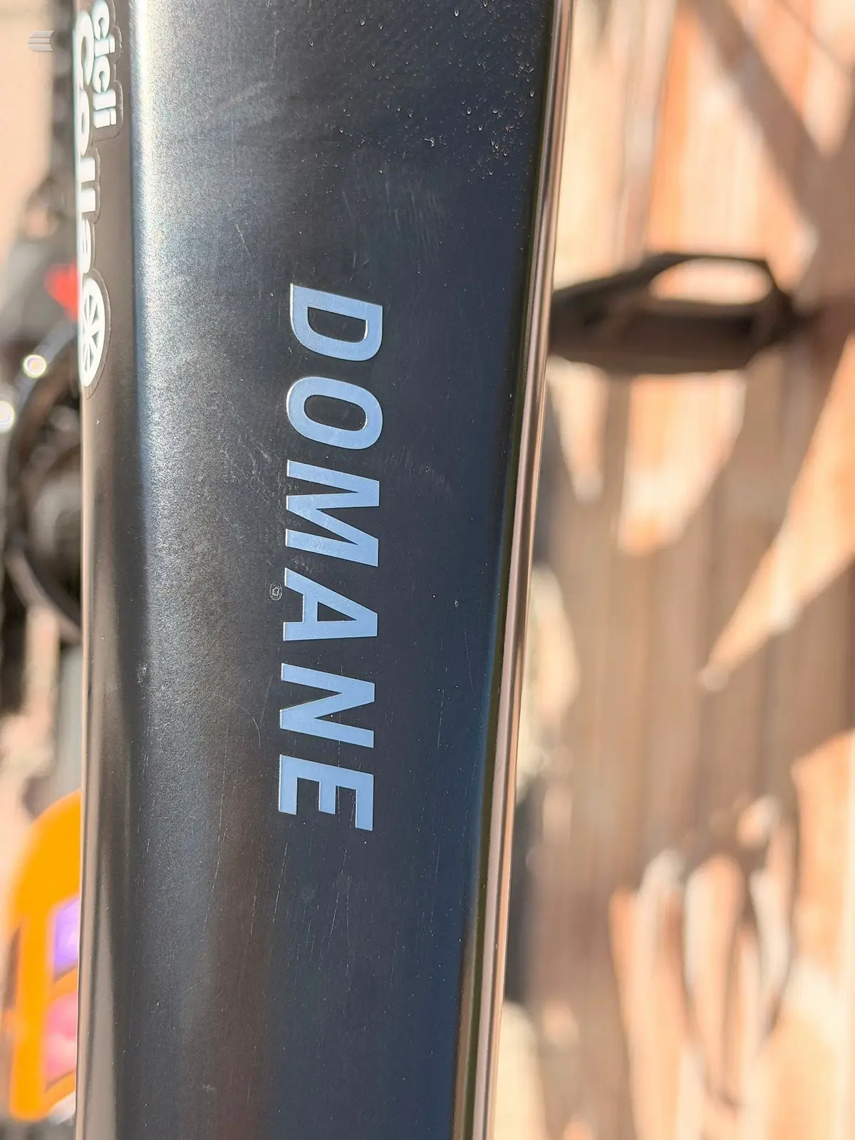 Close-up of black bicycle down tube with blue 'DOMANE' text decal, non-drive side, outdoors in sunlight.