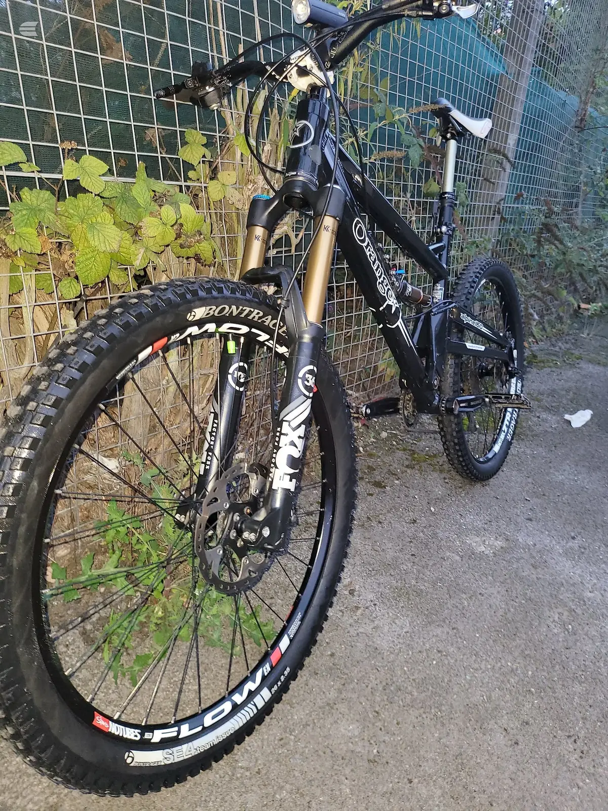 Black hardtail mountain bike with gold fork, parked against wire fence with overgrown plants, drive side view, on asphalt path.