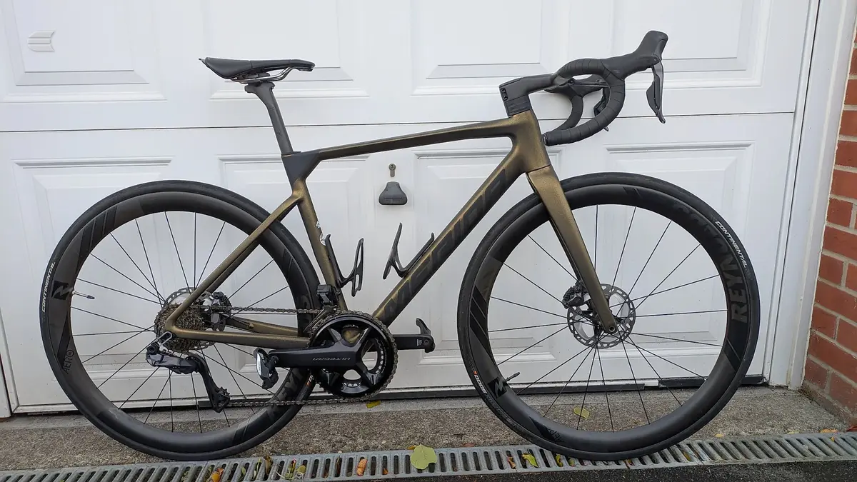 Gold and black gravel or endurance road bike on driveway, drive side, against white garage door and brick wall.