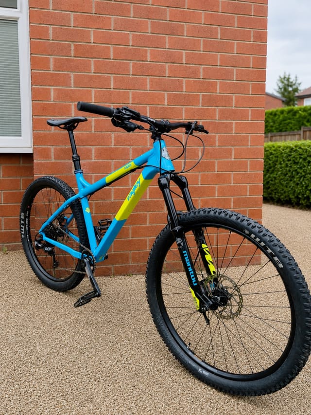 Blue and yellow hardtail mountain bike with black components, parked against a red brick wall, drive side view, on a gravel driveway.