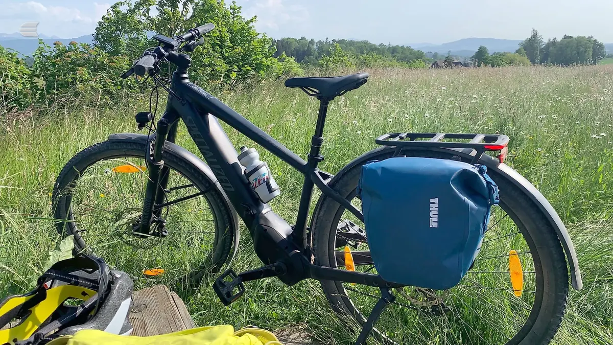 Black and silver electric cargo bike with blue Thule pannier, water bottle, and rear rack, parked in a sunny meadow with mountains in background, drive side