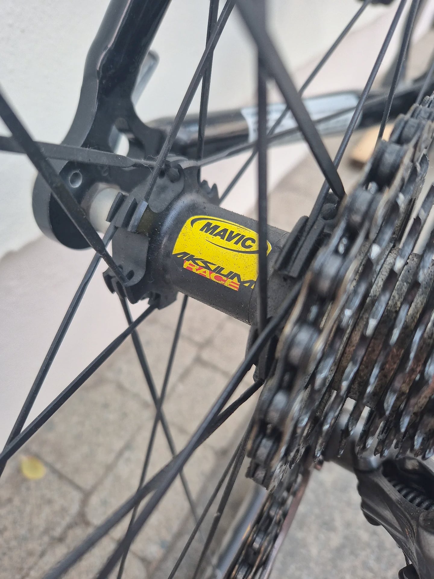 Mavic Ksyrium disc brake hub on black road bike, close-up of rear wheel and drivetrain, drive side angle.