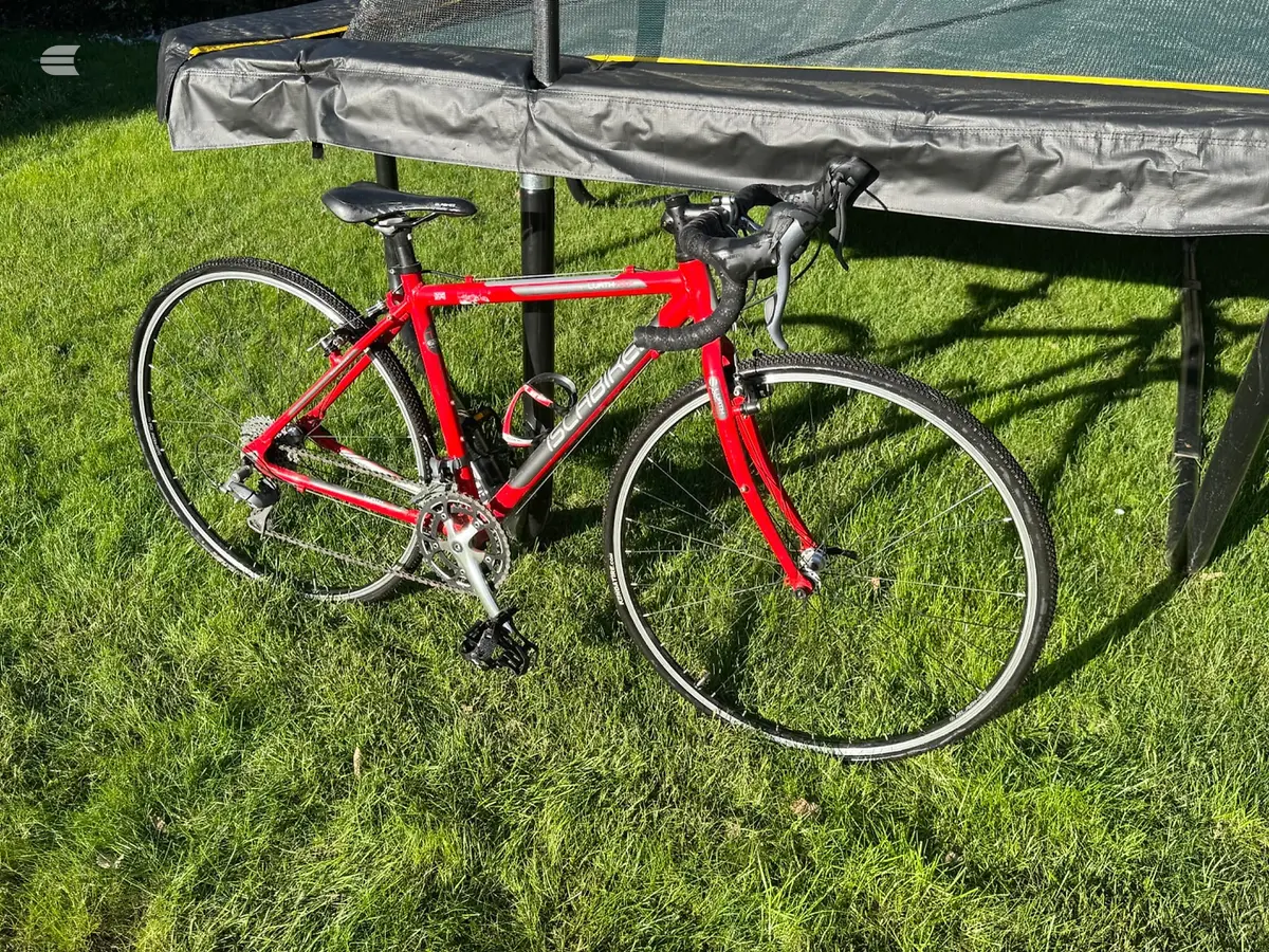 Red road bike on grass beside a trampoline, drive side view, bright daylight.