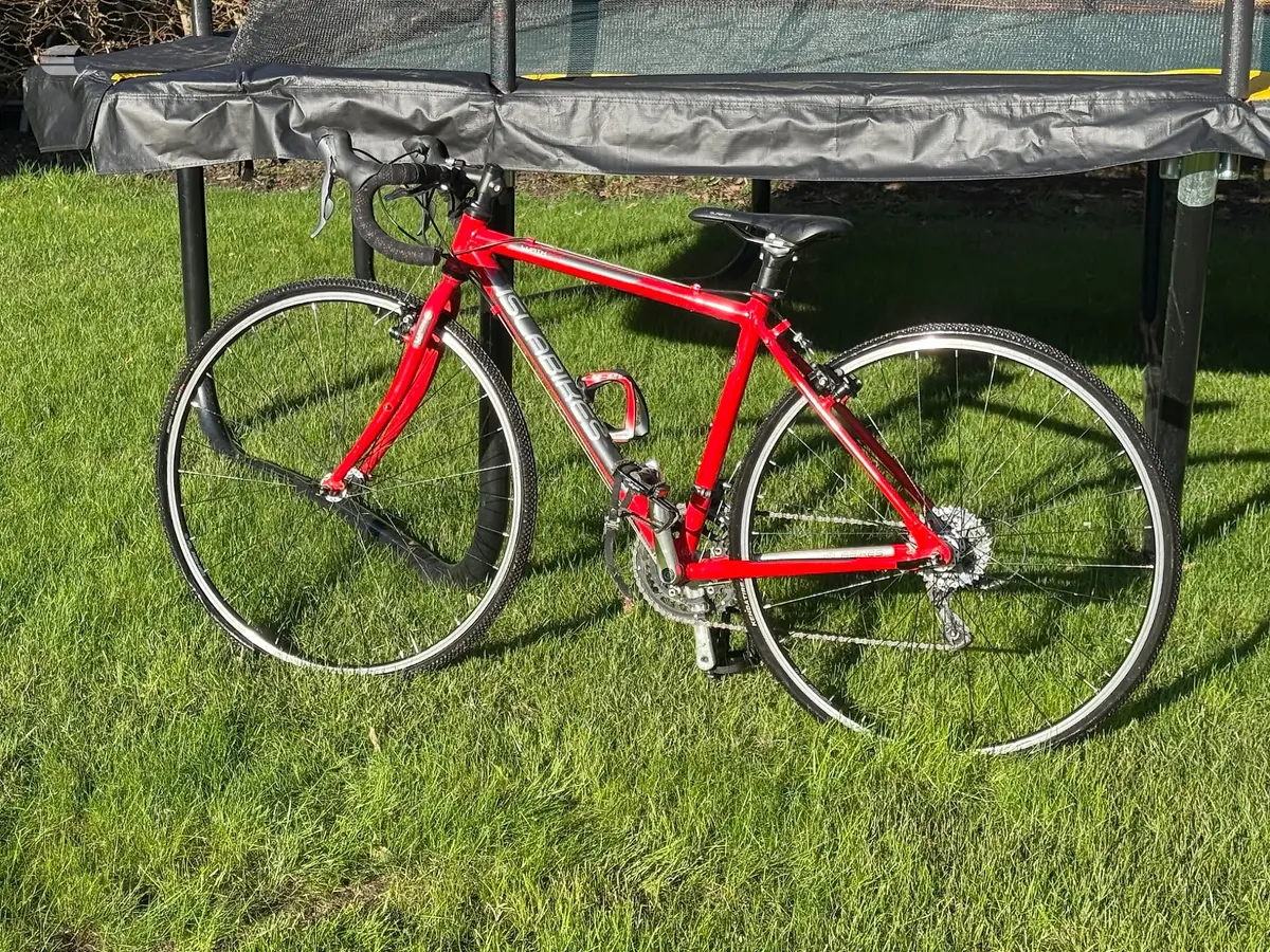 Red road bike on grass beside a trampoline, drive side view, handlebars and saddle visible.
