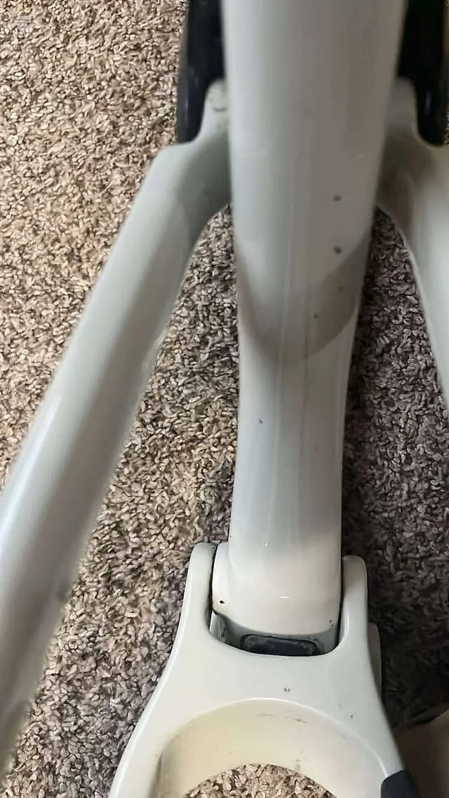 White bicycle fork and front wheel on textured carpet, close-up angled view showing steering tube and wheel hub detail.