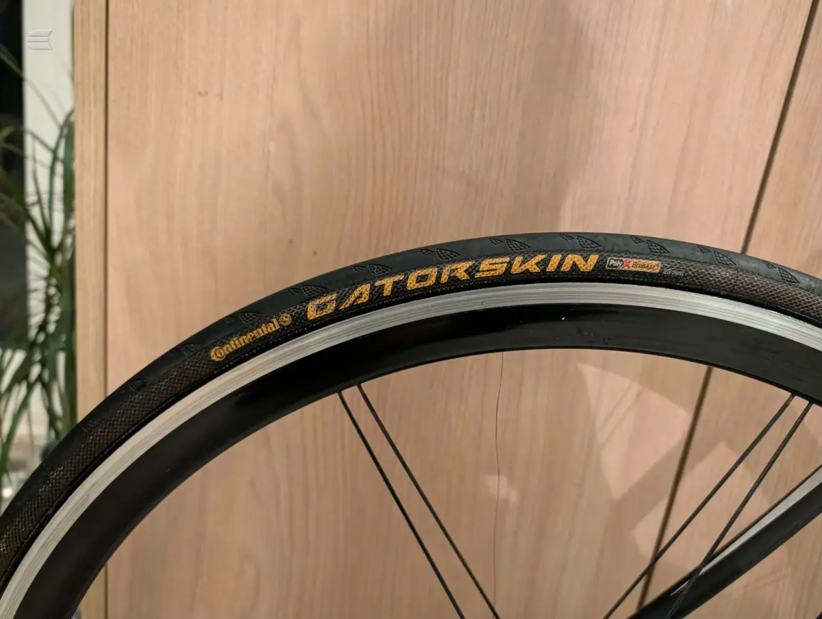Close-up of a Continental Gatorskin bicycle tyre on a light-coloured wooden background, showing the black tyre with gold branding and grey sidewall.