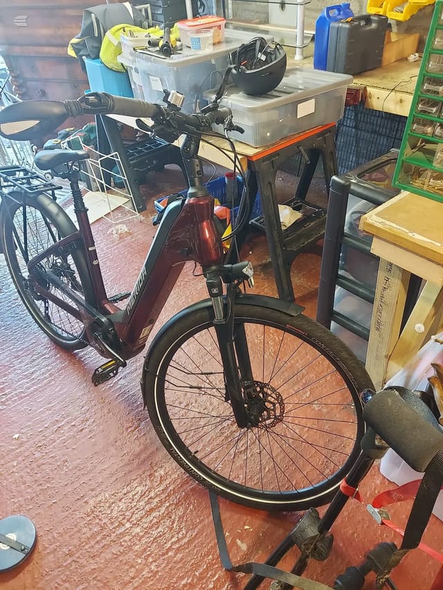 Maroon and black electric cargo bike on a stand, drive side, in a cluttered garage workshop with storage bins and wooden shelving.