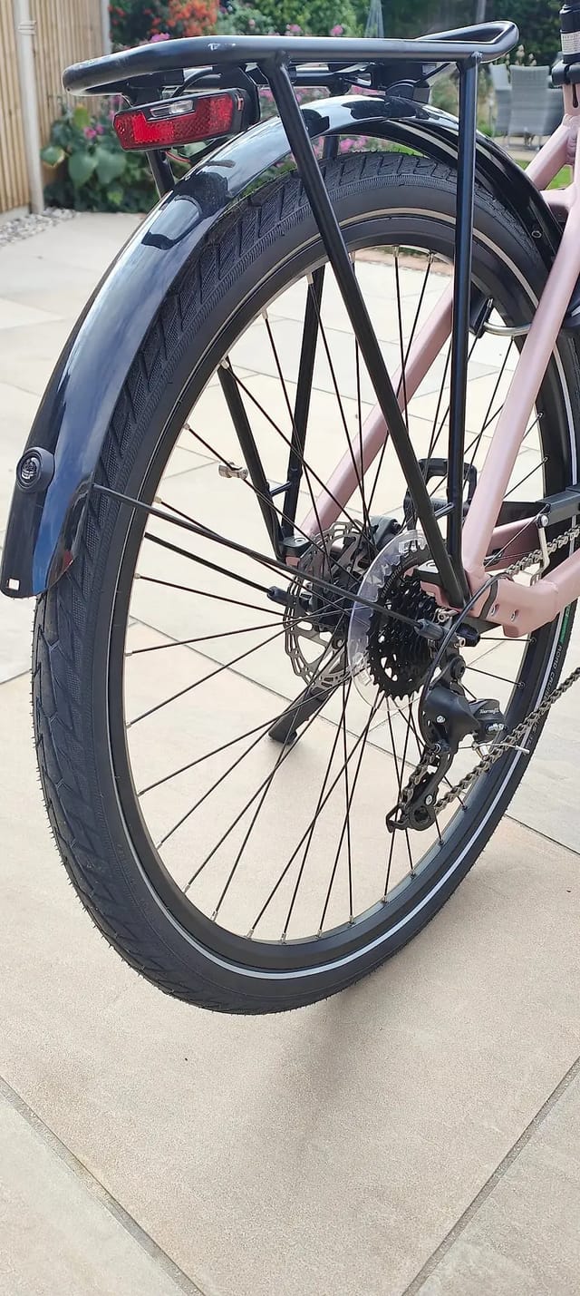 Pink commuter bike, rear wheel close-up, non-drive side, on concrete patio with garden background. Black mudguard and red rear light visible.