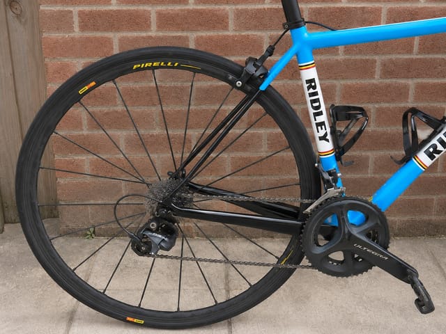 Blue Ridley road bike with black Pirelli tyres, drive side, leaning against a brick wall on concrete.