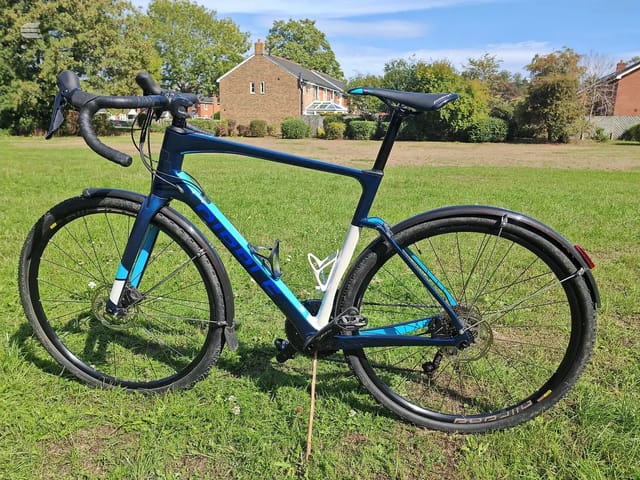 Blue and white gravel bike on grass, drive side, in a park with brick house and trees in background.