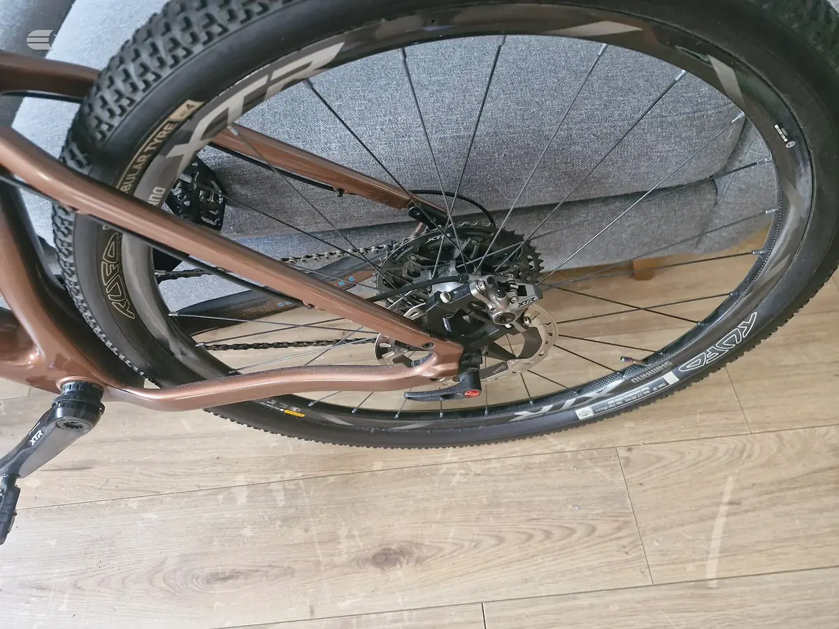Rear wheel of a copper-brown hybrid or commuter bike indoors on wooden flooring, drive side, showing disc brake and cassette.