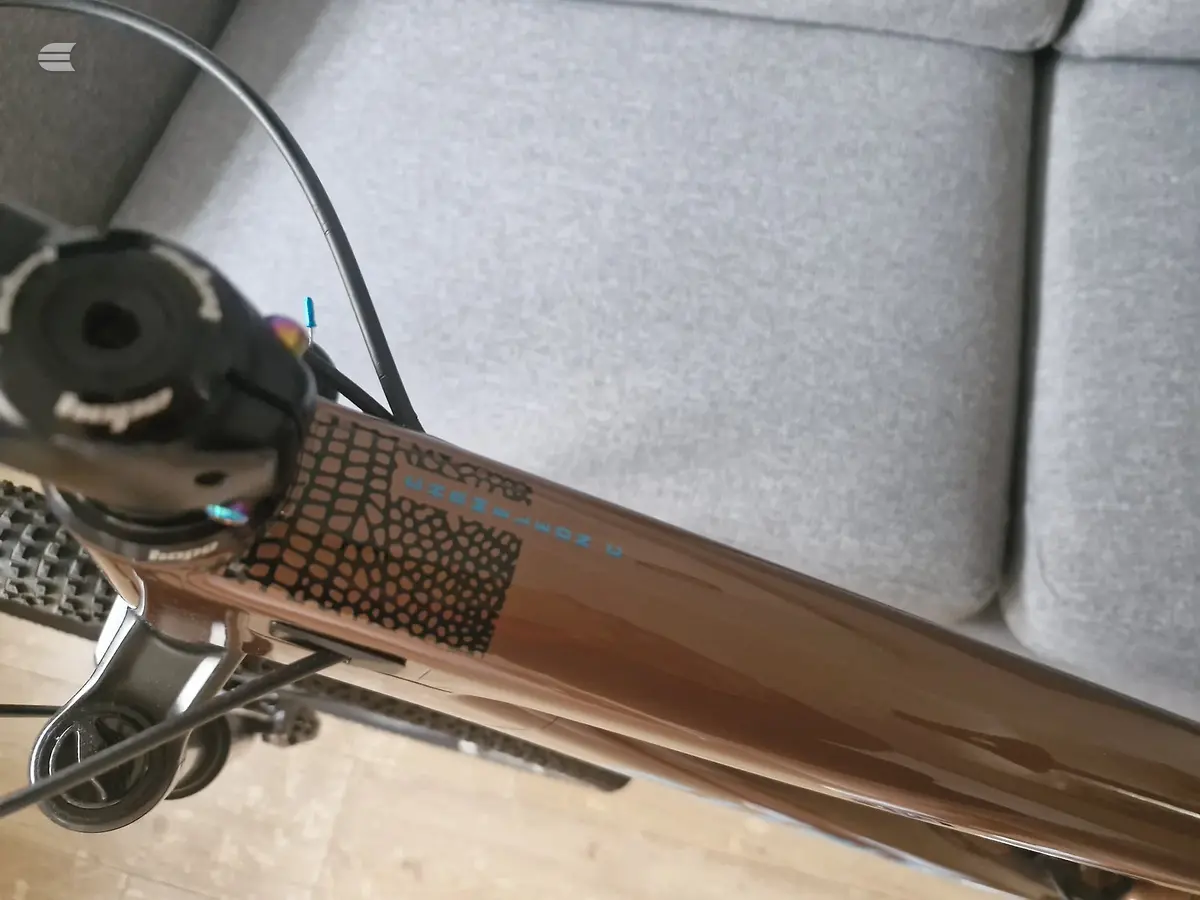 Close-up of bicycle drivetrain and frame detail, showing chain, cassette area, and wooden frame with mesh guard, indoors against grey cushioned background.