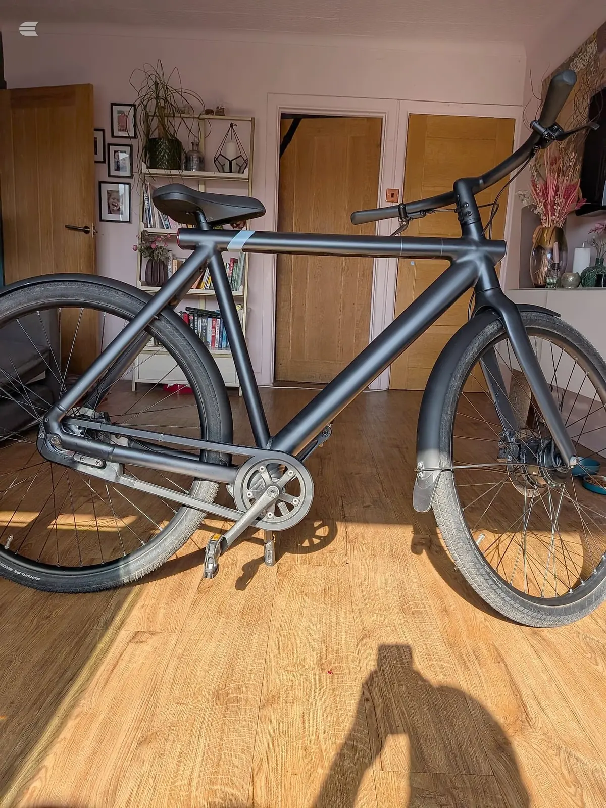 Matte black fixed-gear or single-speed road bike, drive side, indoors on wooden floor with sunlight casting shadow, against pink wall with wooden doors and