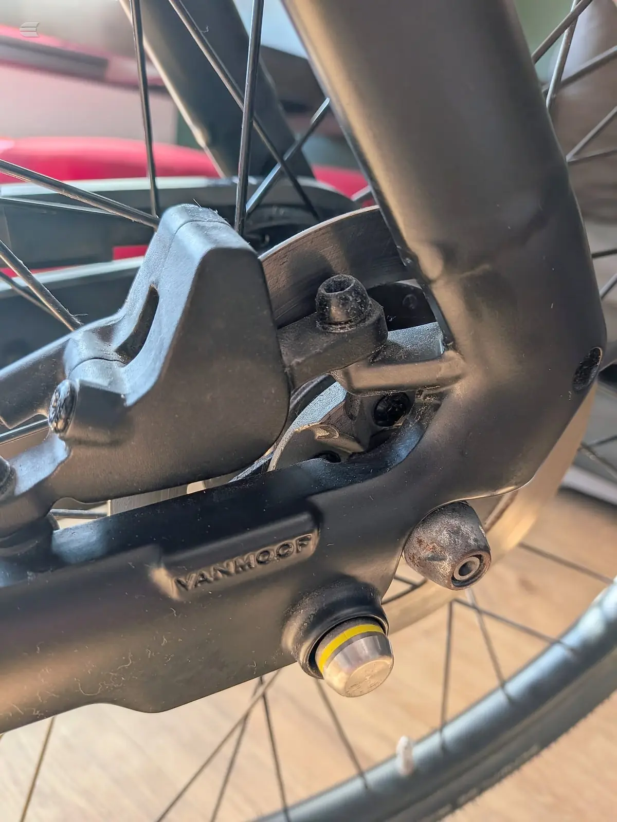 Close-up of disc brake caliper and rotor on black mountain bike, drive side, indoors with red and black background.