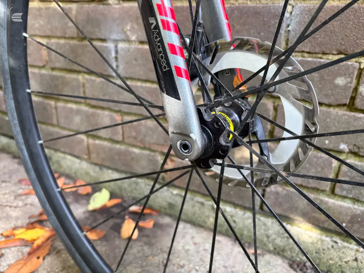 Close-up of disc brake caliper and rotor on black and red road bike, front wheel, against brick wall with fallen leaves.
