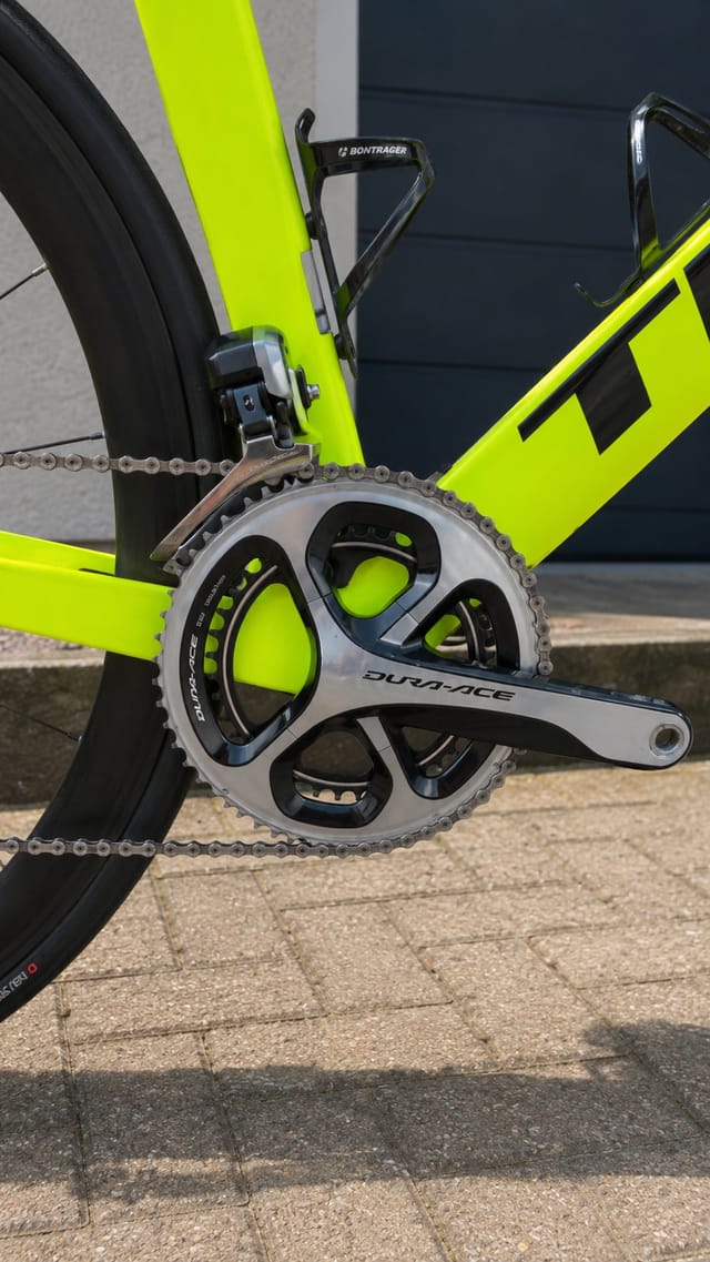 Neon yellow road bike with Shimano Dura-Ace crankset and chain, drive side close-up against dark wooden wall and pavement.
