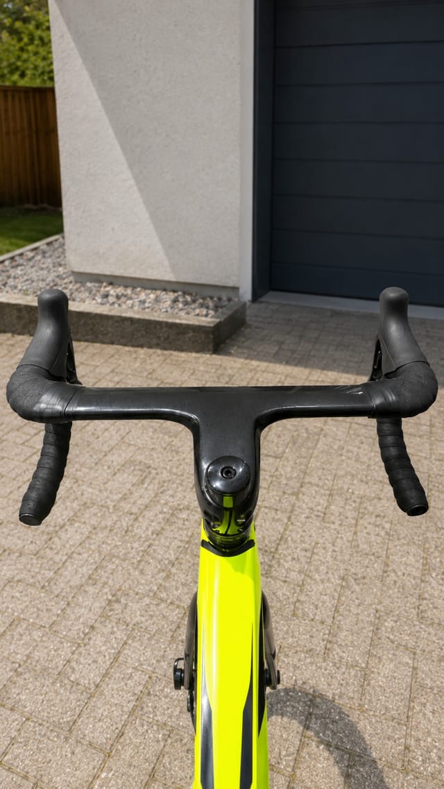 Neon yellow road bike with drop bars and black bar tape, front-on view, parked on paved driveway with modern white and black building behind.